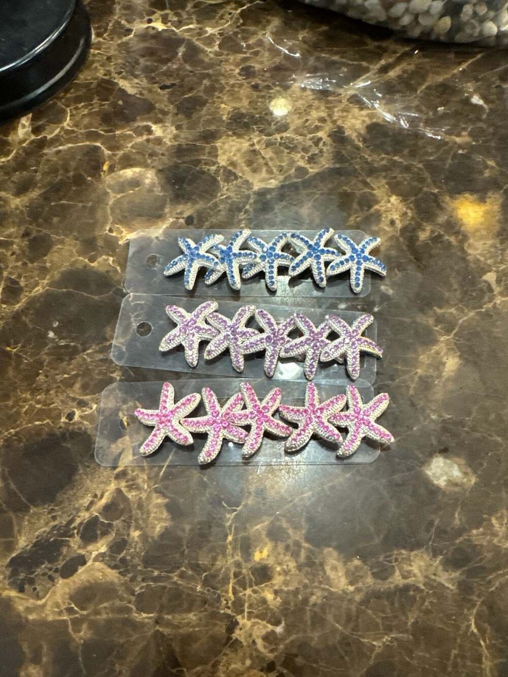 Set of 15 Rhinestone Starfish Hair Clips in Blue Purple and Pink